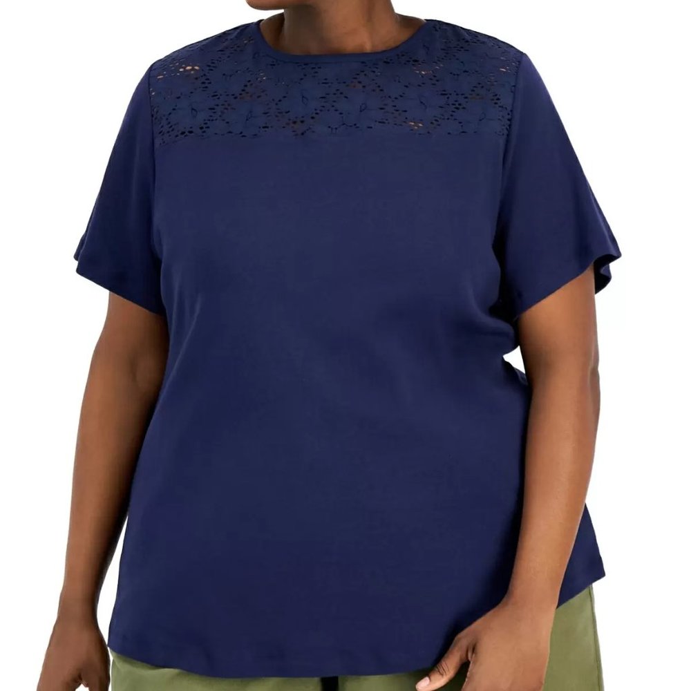 Karen Scott Plus Size Cotton Crochet-Yoke Top, Intrepid Blue